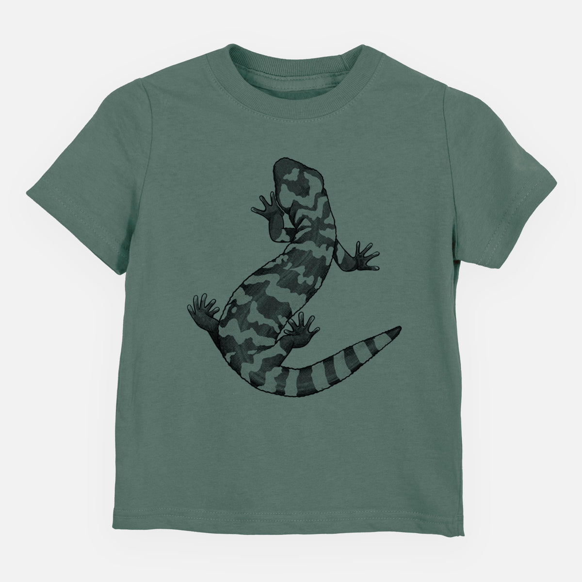 Basil green toddler t-shirt laid flat, printed with a black ink illustration of a Gila monster with bold patterned skin.