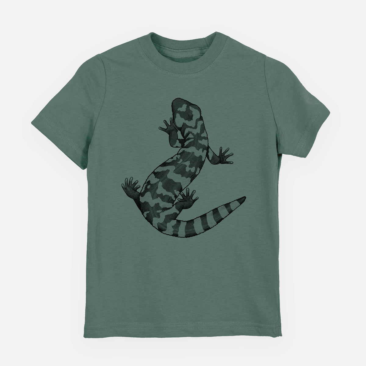 Basil green youth t-shirt laid flat, printed with a black ink illustration of a Gila monster with bold patterned skin.