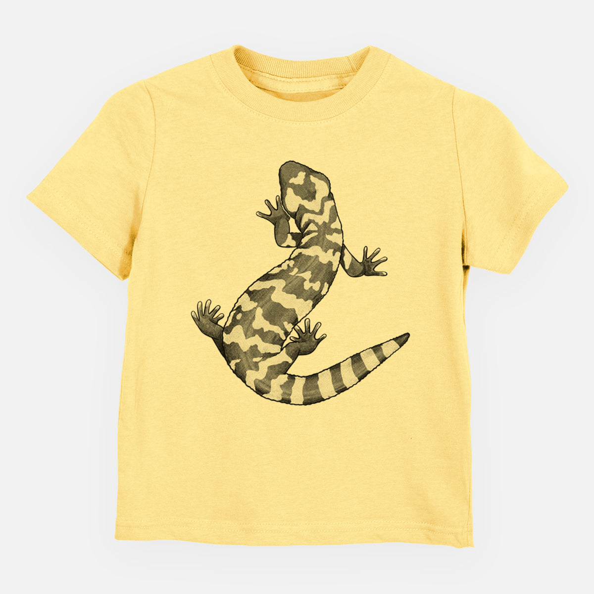 Butter yellow toddler t-shirt laid flat, printed with a black ink illustration of a Gila monster with bold patterned skin.