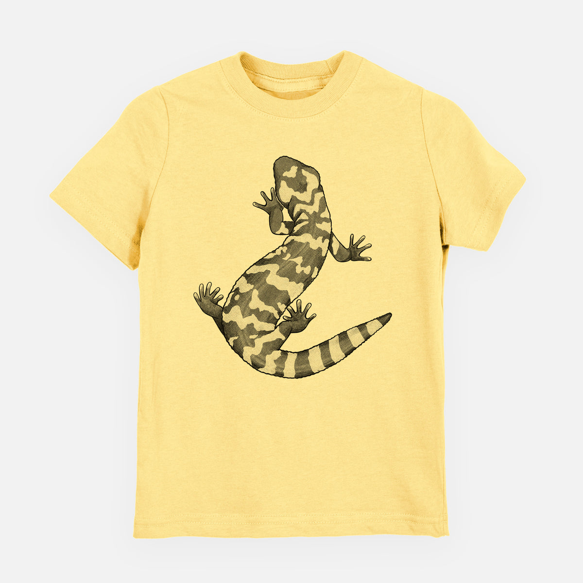 Butter yellow youth t-shirt laid flat, printed with a black ink illustration of a Gila monster with bold patterned skin.