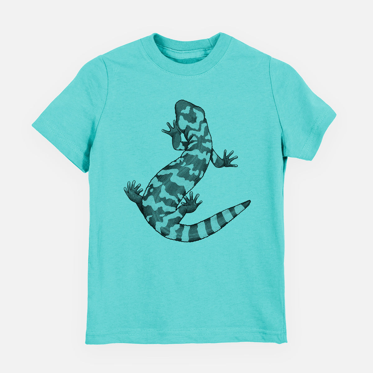 Caribbean blue youth t-shirt laid flat, printed with a black ink illustration of a Gila monster with bold patterned skin.