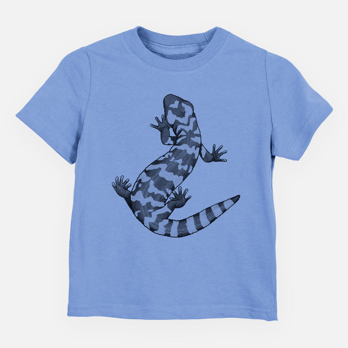 Carolina blue toddler t-shirt laid flat, printed with a black ink illustration of a Gila monster with bold patterned skin.