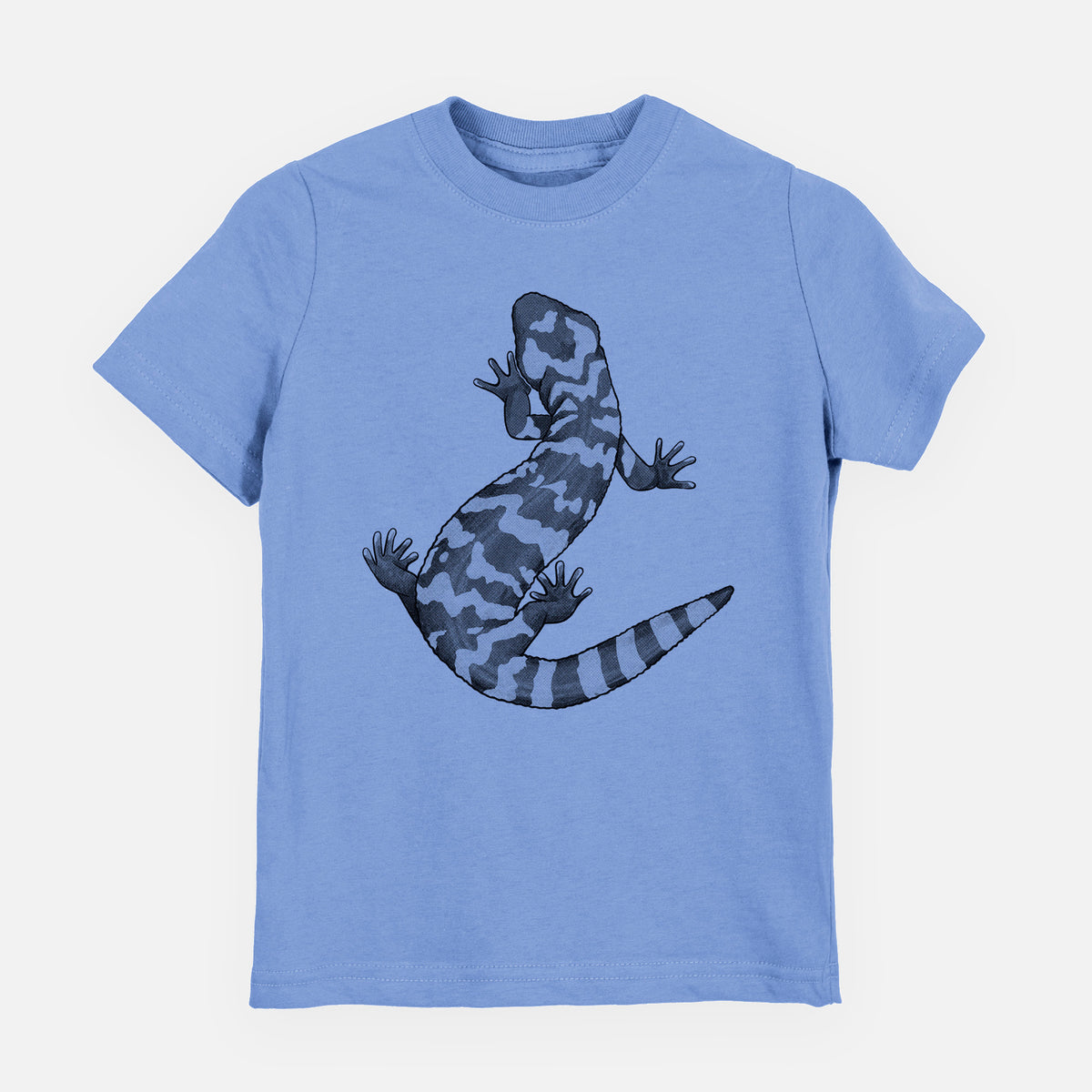 Carolina blue youth t-shirt laid flat, printed with a black ink illustration of a Gila monster with bold patterned skin.