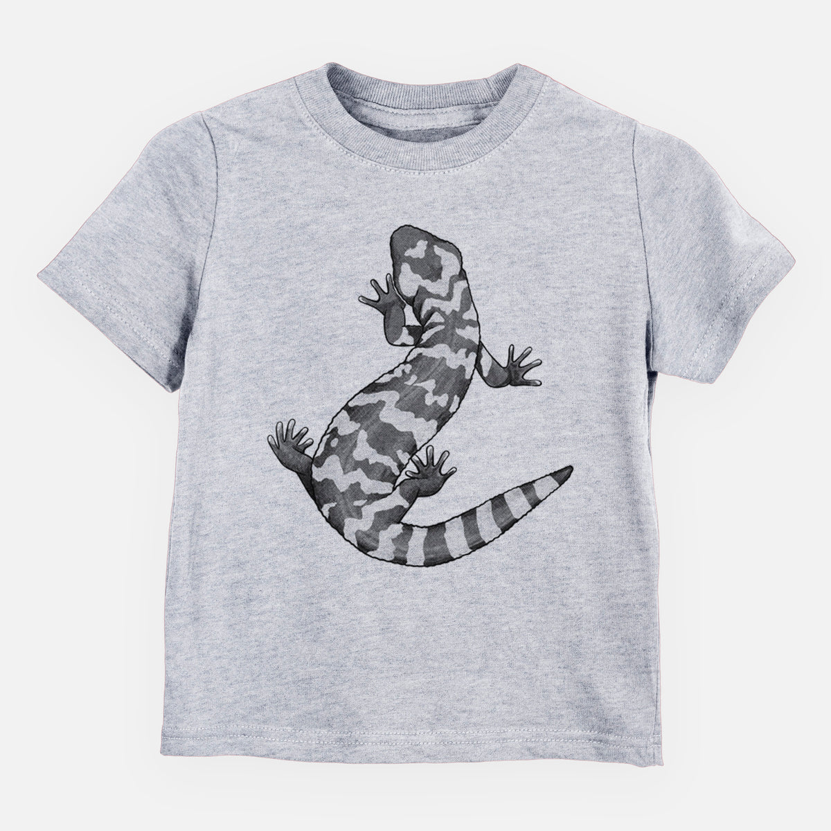 Heather grey toddler t-shirt laid flat, printed with a black ink illustration of a Gila monster with bold patterned skin.