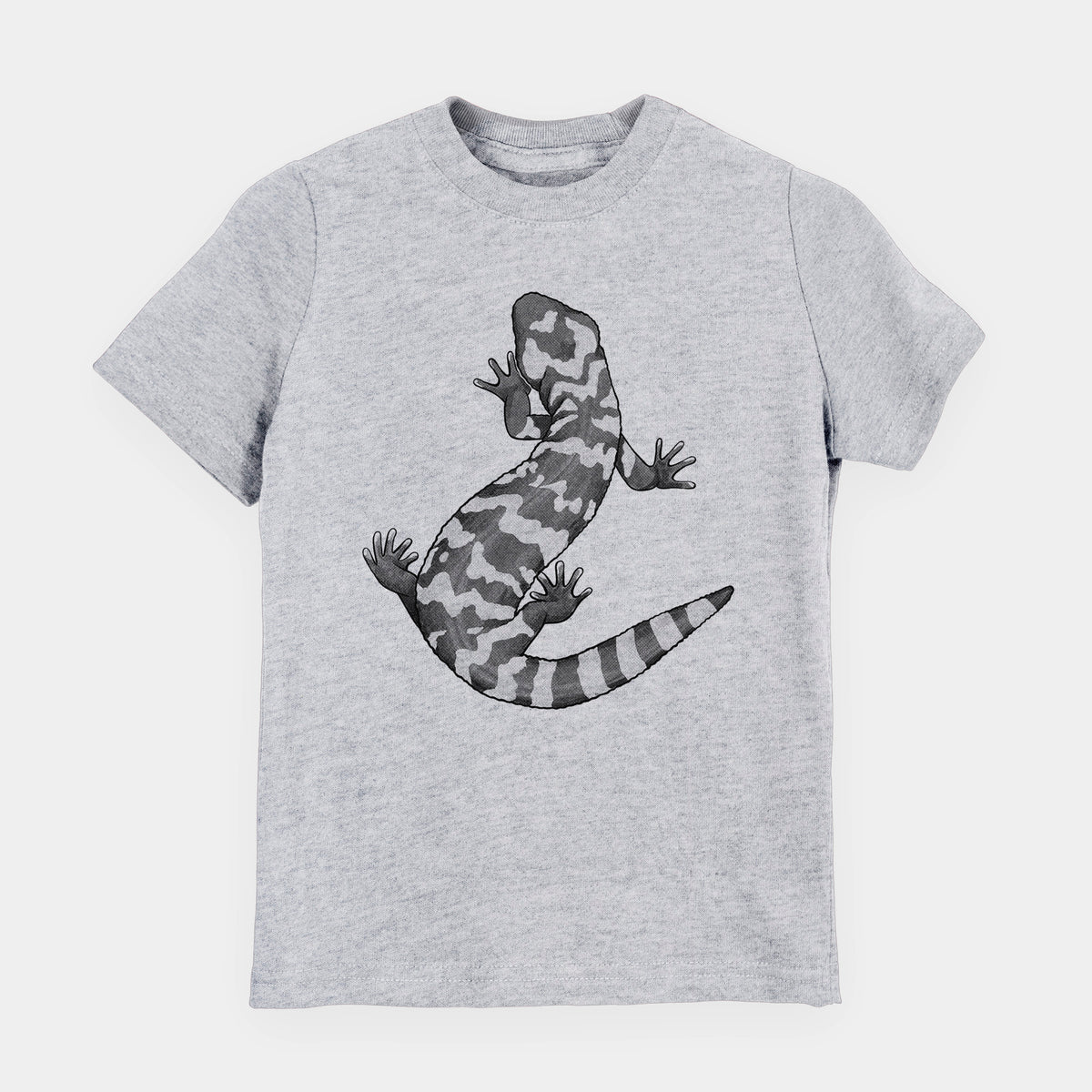 Heather grey youth t-shirt laid flat, printed with a black ink illustration of a Gila monster with bold patterned skin.