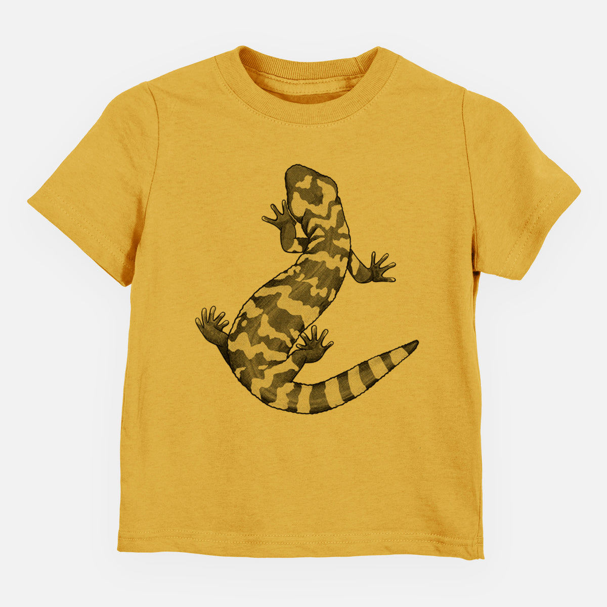 Honeycomb yellow toddler t-shirt laid flat, printed with a black ink illustration of a Gila monster with bold patterned skin.