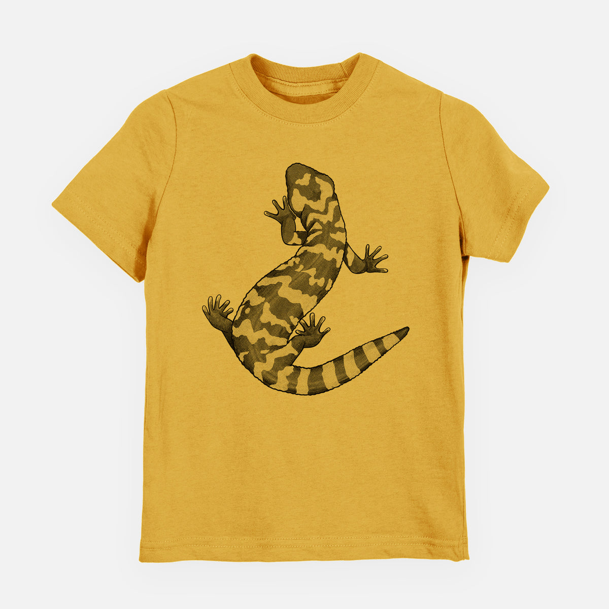 Honeycomb yellow youth t-shirt laid flat, printed with a black ink illustration of a Gila monster with bold patterned skin.