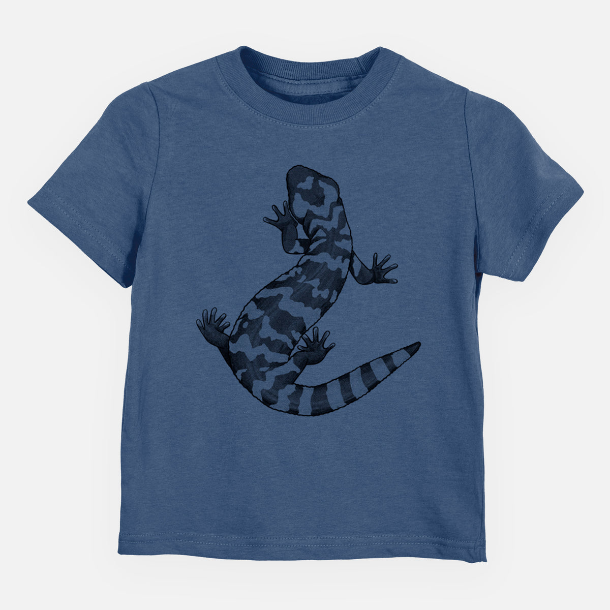 Indigo blue toddler t-shirt laid flat, printed with a black ink illustration of a Gila monster with bold patterned skin.