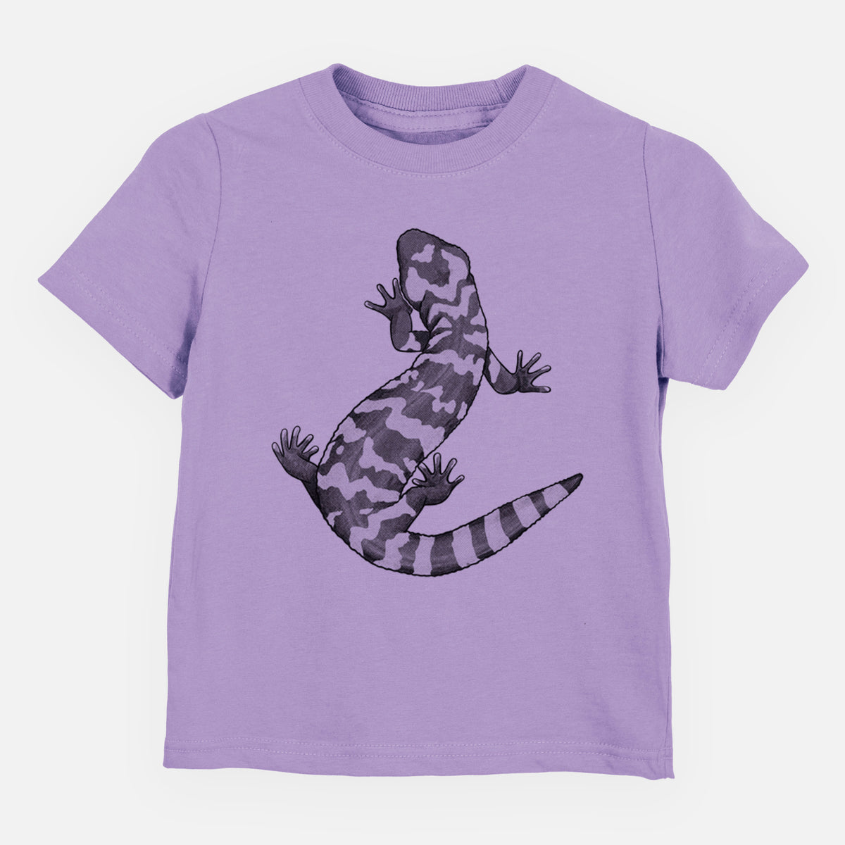 Lavender toddler t-shirt laid flat, printed with a black ink illustration of a Gila monster with bold patterned skin.