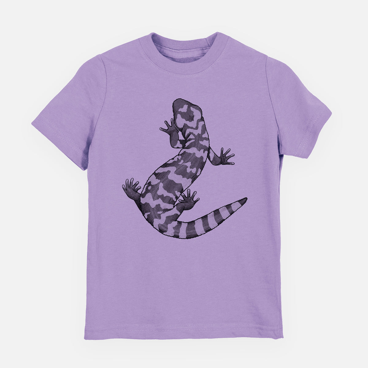 Lavender youth t-shirt laid flat, printed with a black ink illustration of a Gila monster with bold patterned skin.