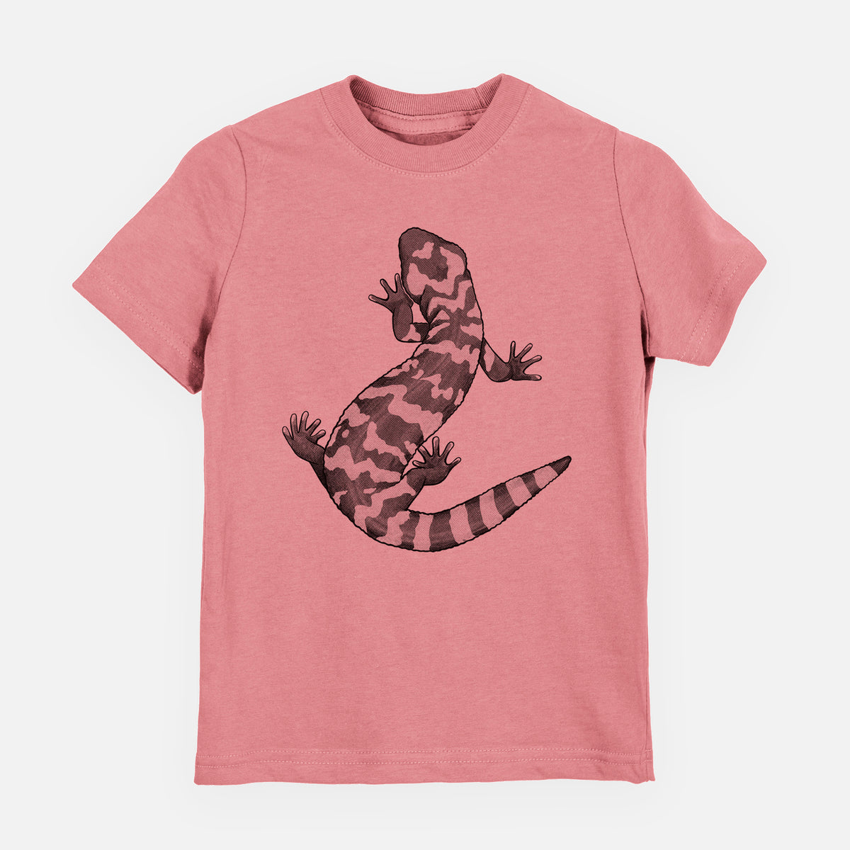 Mauve pink youth t-shirt laid flat, printed with a black ink illustration of a Gila monster with bold patterned skin.