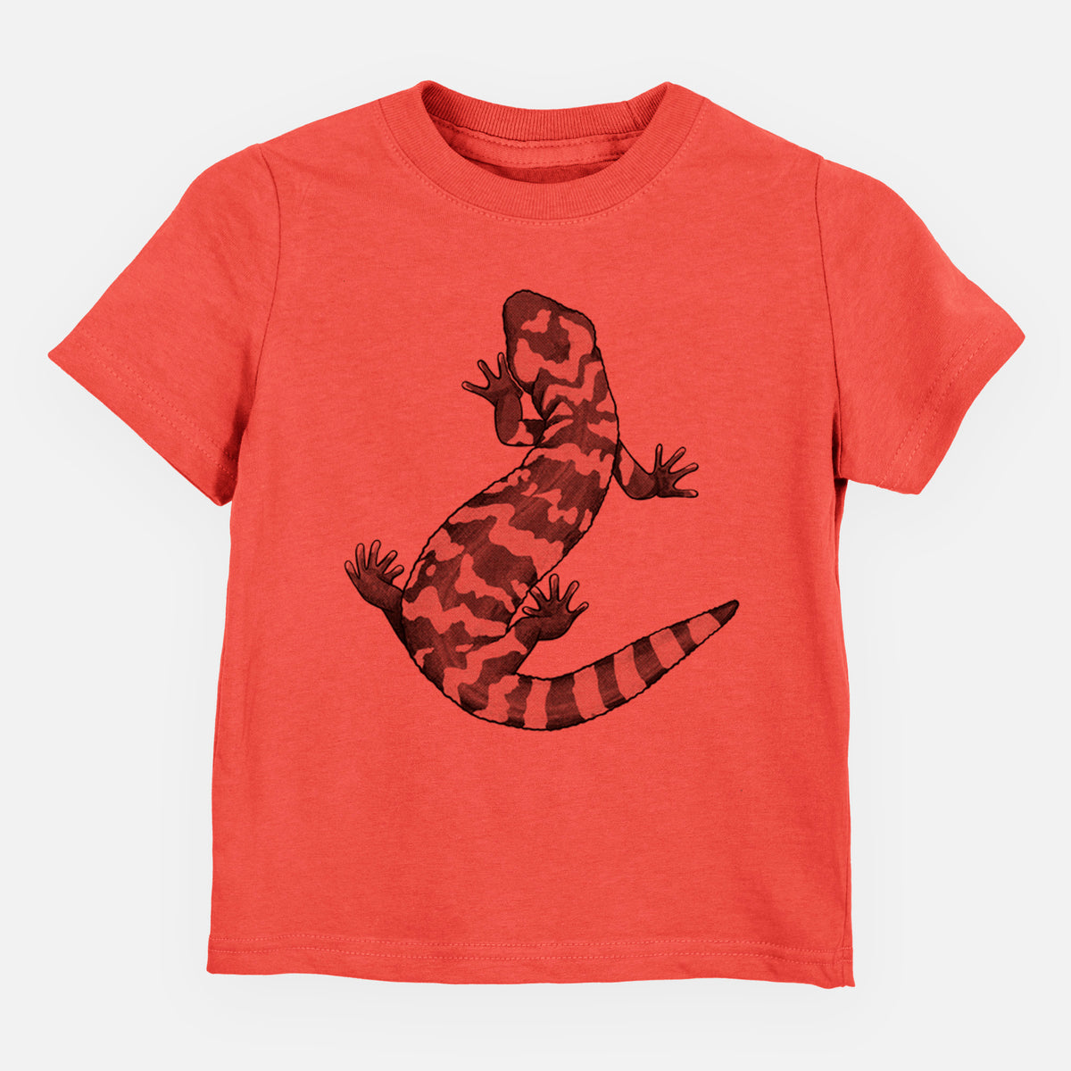Passionfruit pink toddler t-shirt laid flat, printed with a black ink illustration of a Gila monster with bold patterned skin.