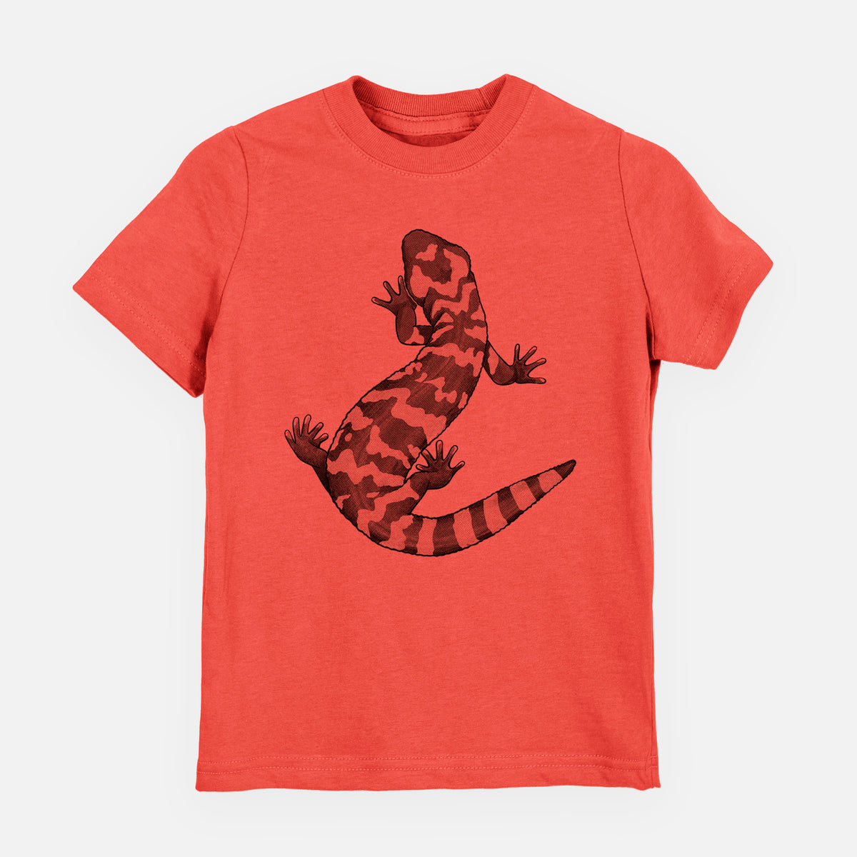Passionfruit pink youth t-shirt laid flat, printed with a black ink illustration of a Gila monster with bold patterned skin.