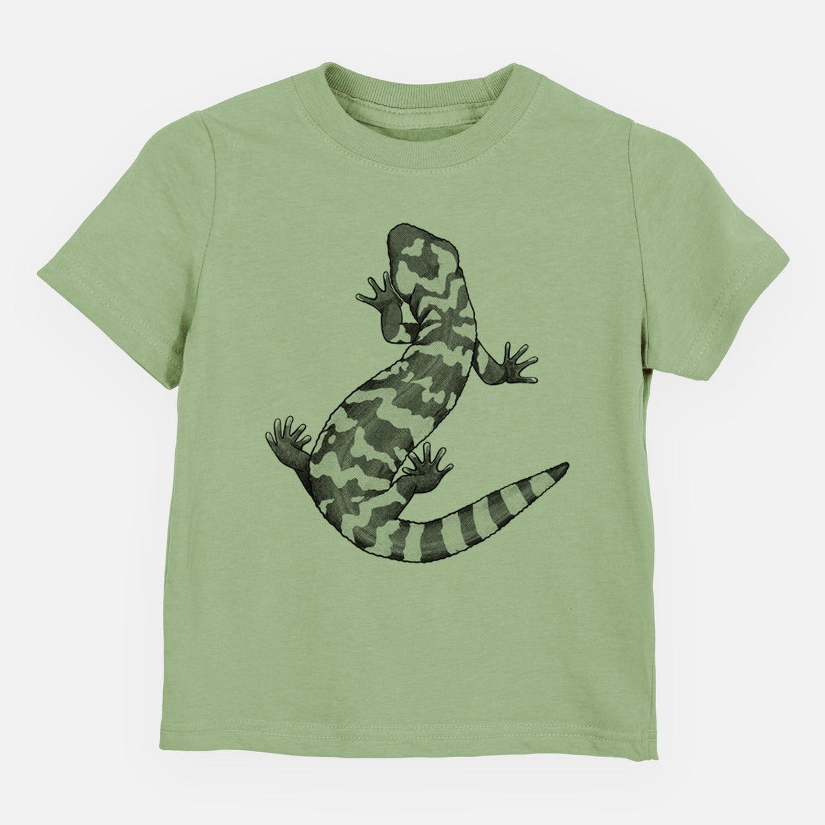 Sage green toddler t-shirt laid flat, printed with a black ink illustration of a Gila monster with bold patterned skin.