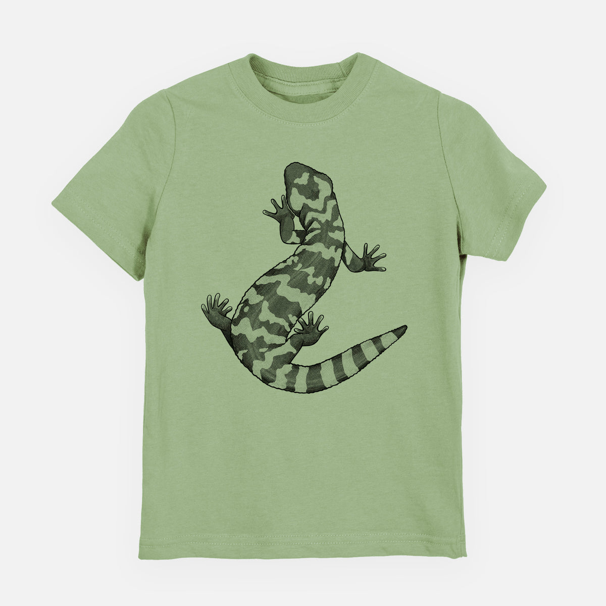 Sage green youth t-shirt laid flat, printed with a black ink illustration of a Gila monster with bold patterned skin.