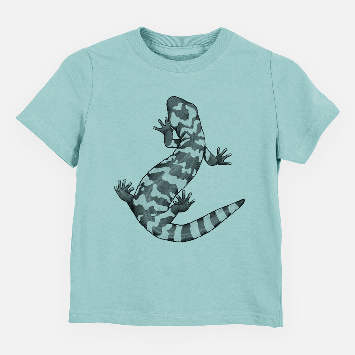 Saltwater toddler t-shirt laid flat, printed with a black ink illustration of a Gila monster with bold patterned skin.
