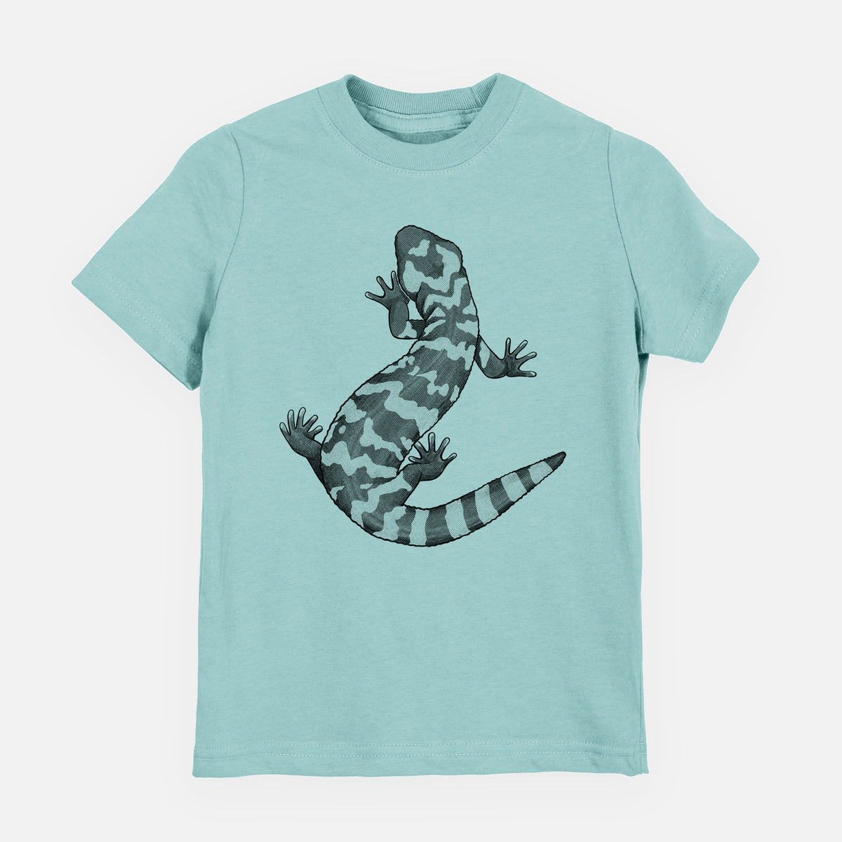Saltwater youth t-shirt laid flat, printed with a black ink illustration of a Gila monster with bold patterned skin.