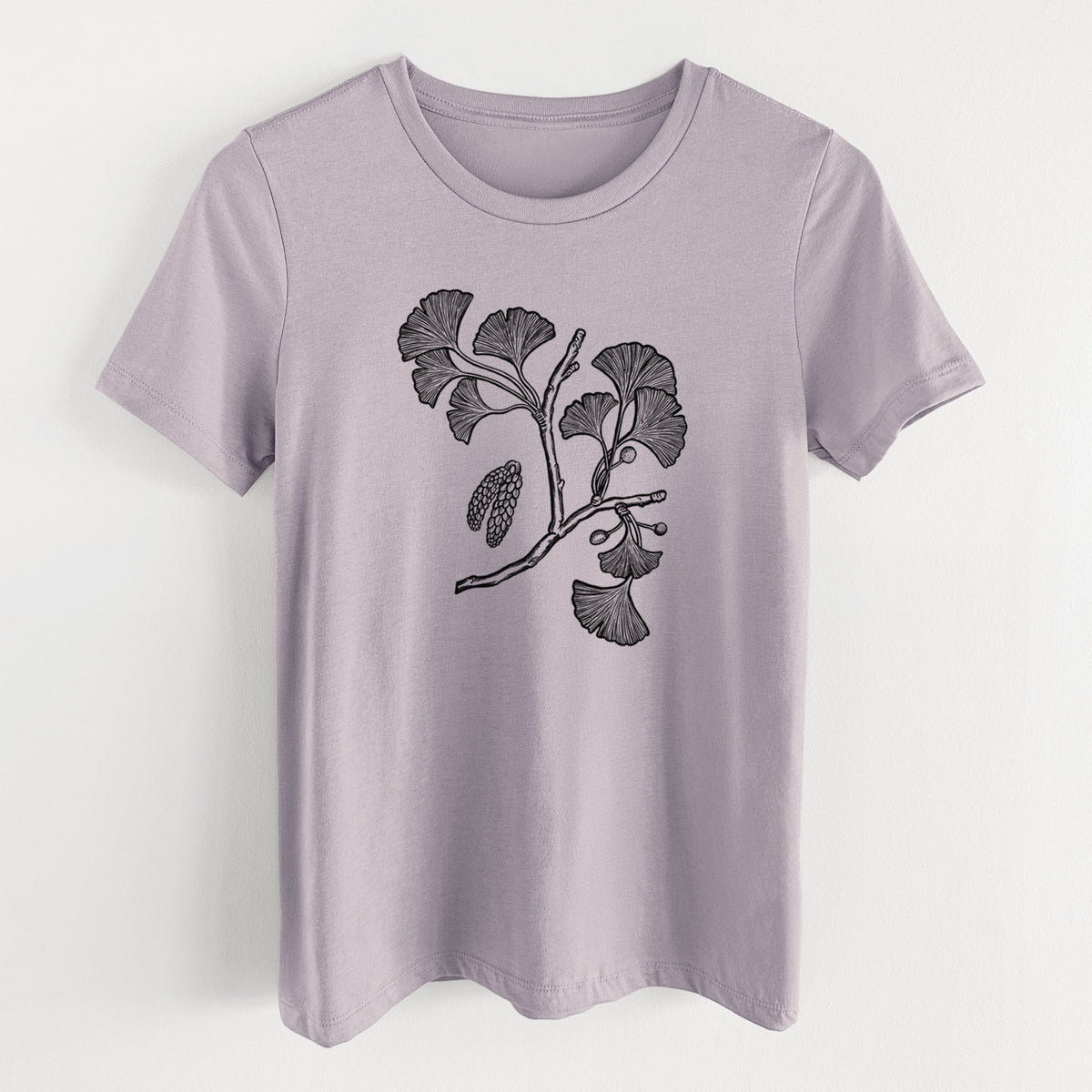 Light violet women's relaxed fit cotton t-shirt laid flat, printed with a black ink illustration of a ginkgo branch with fan-shaped leaves.