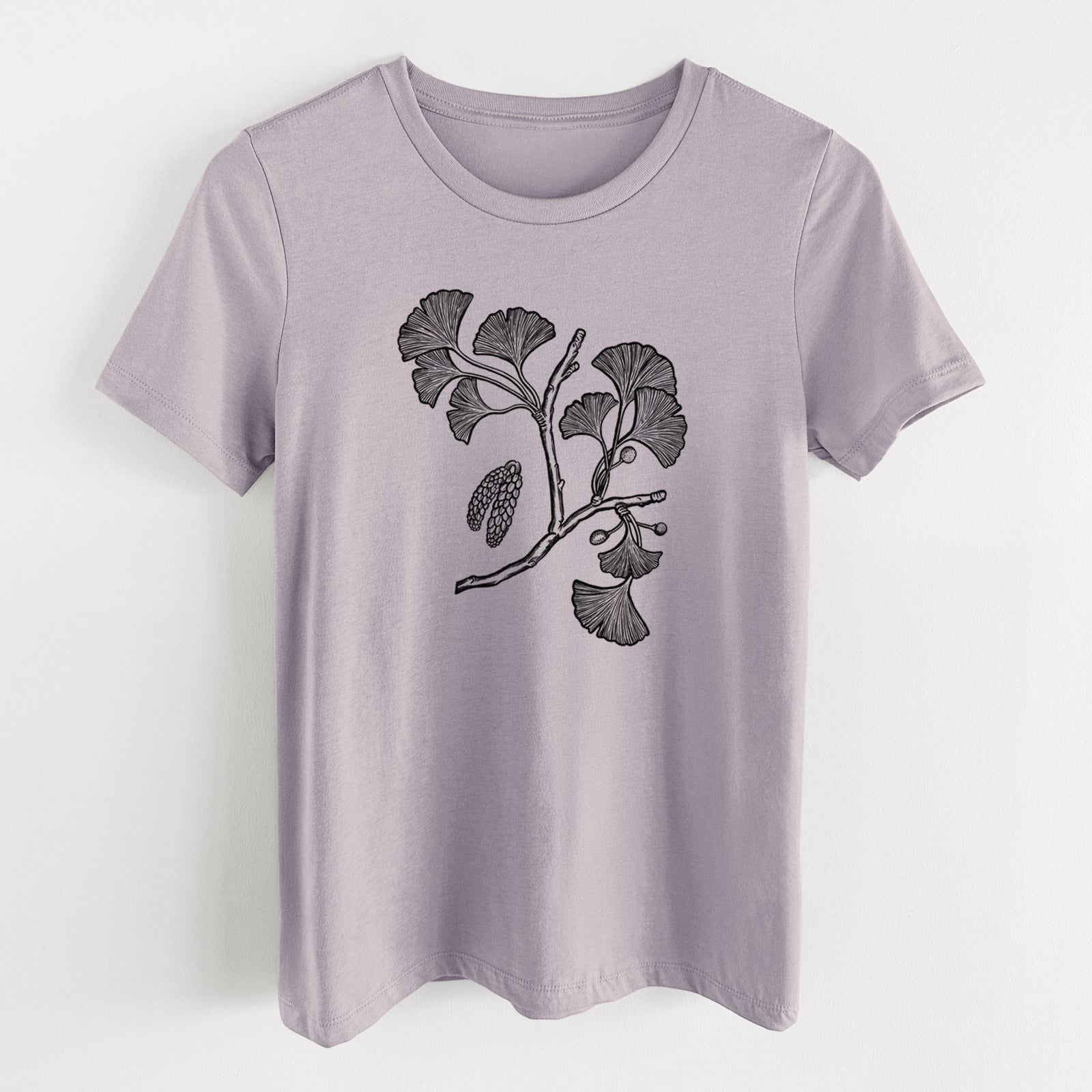 Light violet women's relaxed fit cotton t-shirt laid flat, printed with a black ink illustration of a ginkgo branch with fan-shaped leaves.