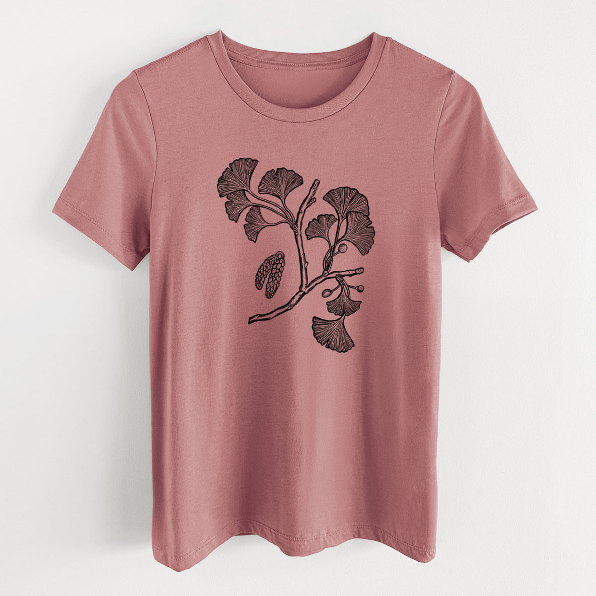 Mauve pink women's relaxed fit cotton t-shirt laid flat, printed with a black ink illustration of a ginkgo branch with fan-shaped leaves.