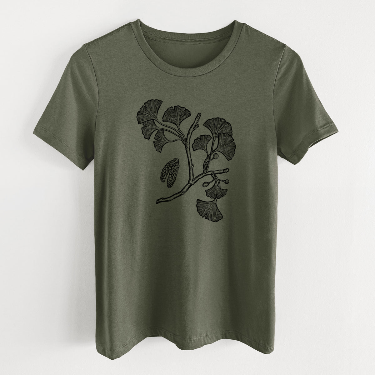 Military green women's relaxed fit cotton t-shirt laid flat, printed with a black ink illustration of a ginkgo branch with fan-shaped leaves.