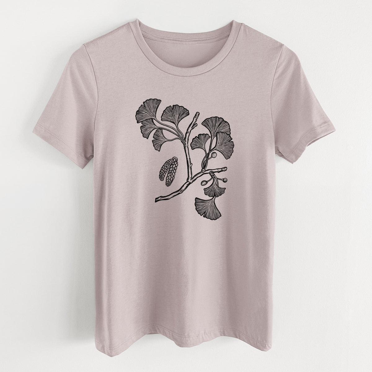 Pink gravel women's relaxed fit cotton t-shirt laid flat, printed with a black ink illustration of a ginkgo branch with fan-shaped leaves.