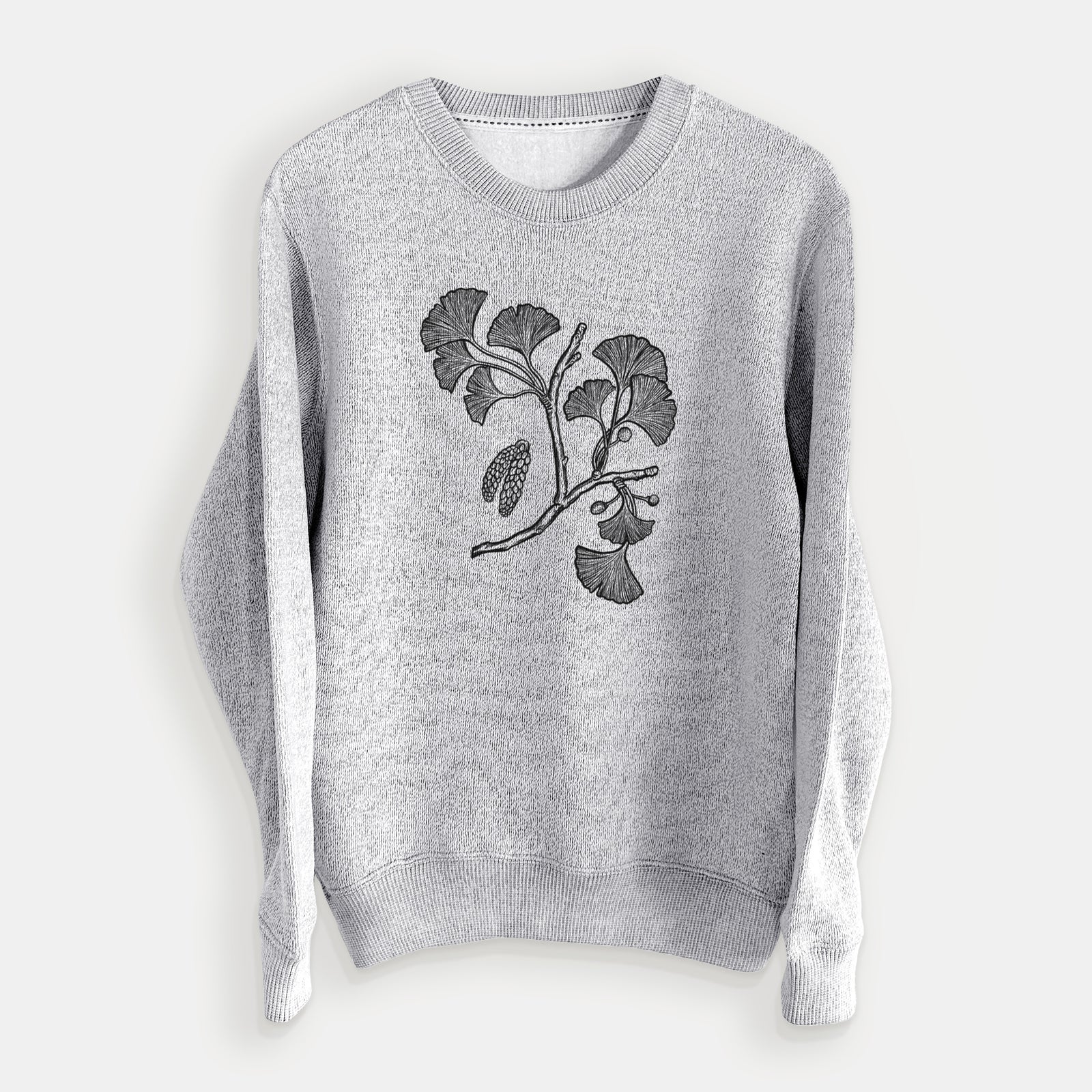 Salt and pepper knit sweatshirt laid flat, printed with a black ink illustration of a ginkgo branch with fan-shaped leaves.