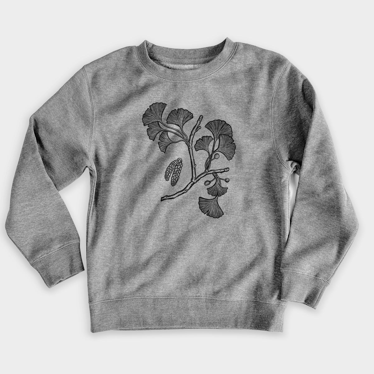 Nickel grey youth crewneck sweatshirt laid flat, printed with a black ink illustration of a ginkgo branch with fan-shaped leaves.