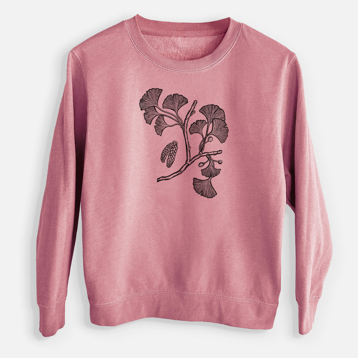 Mauve pink youth crewneck sweatshirt laid flat, printed with a black ink illustration of a ginkgo branch with fan-shaped leaves.
