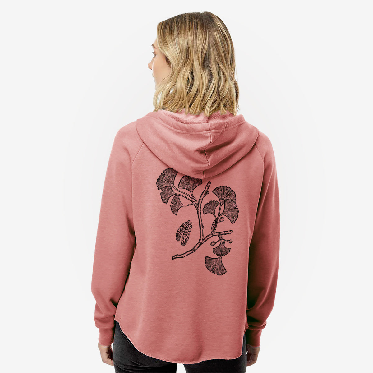 Woman wearing a dusty rose women's Cali Wave zip-up sweatshirt printed with a black ink illustration of a ginkgo branch with fan-shaped leaves, seen from behind.
