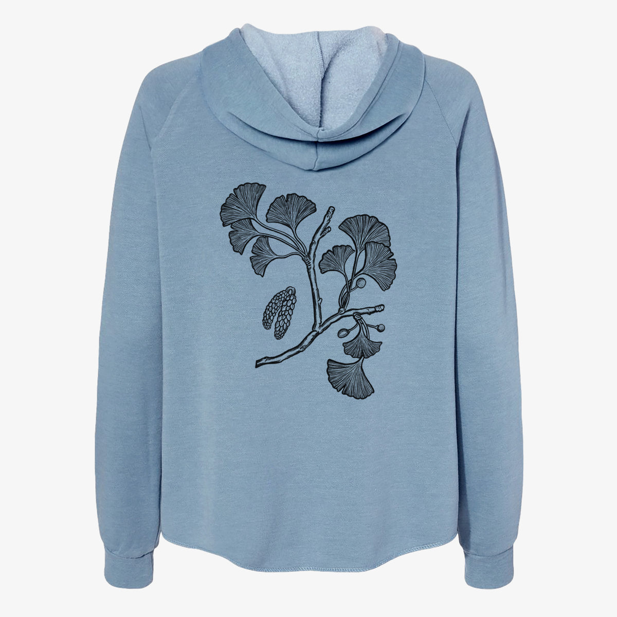 Misty blue women's Cali Wave zip-up sweatshirt laid flat, printed with a black ink illustration of a ginkgo branch with fan-shaped leaves.