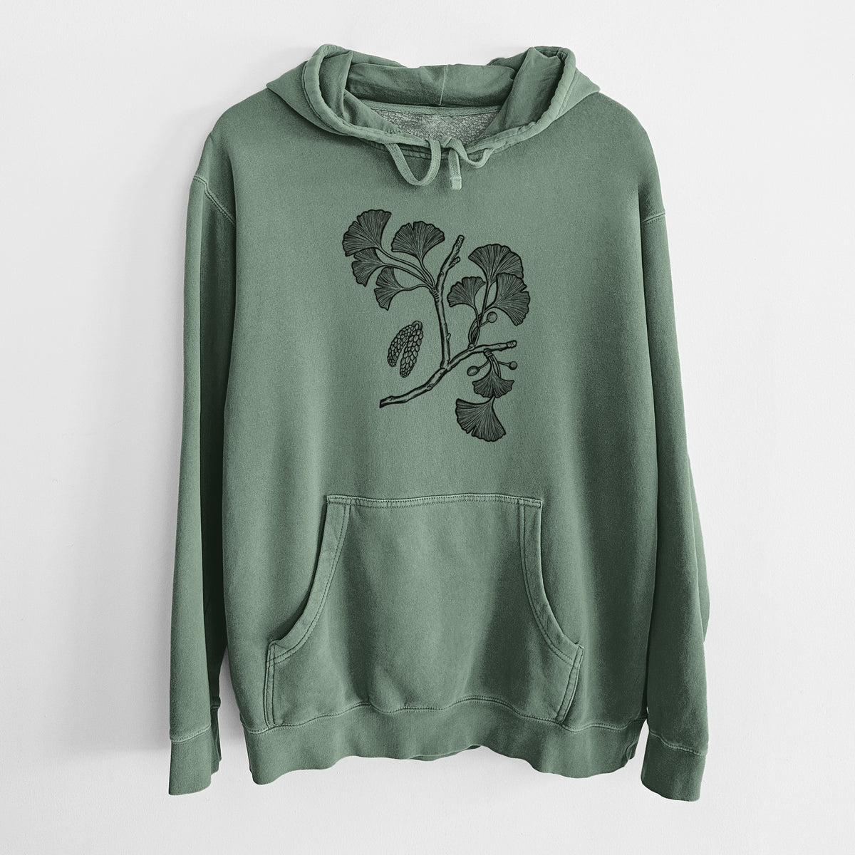 Alpine green pigment dyed hoodie laid flat, printed with a black ink illustration of a ginkgo branch with fan-shaped leaves.