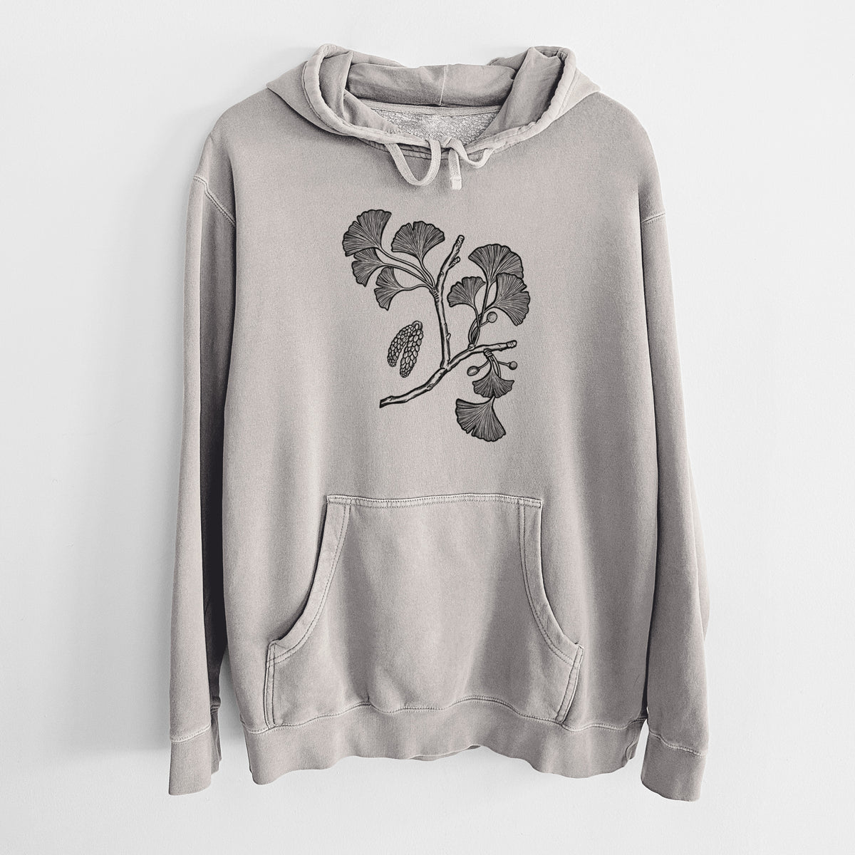 Cement grey pigment dyed hoodie laid flat, printed with a black ink illustration of a ginkgo branch with fan-shaped leaves.