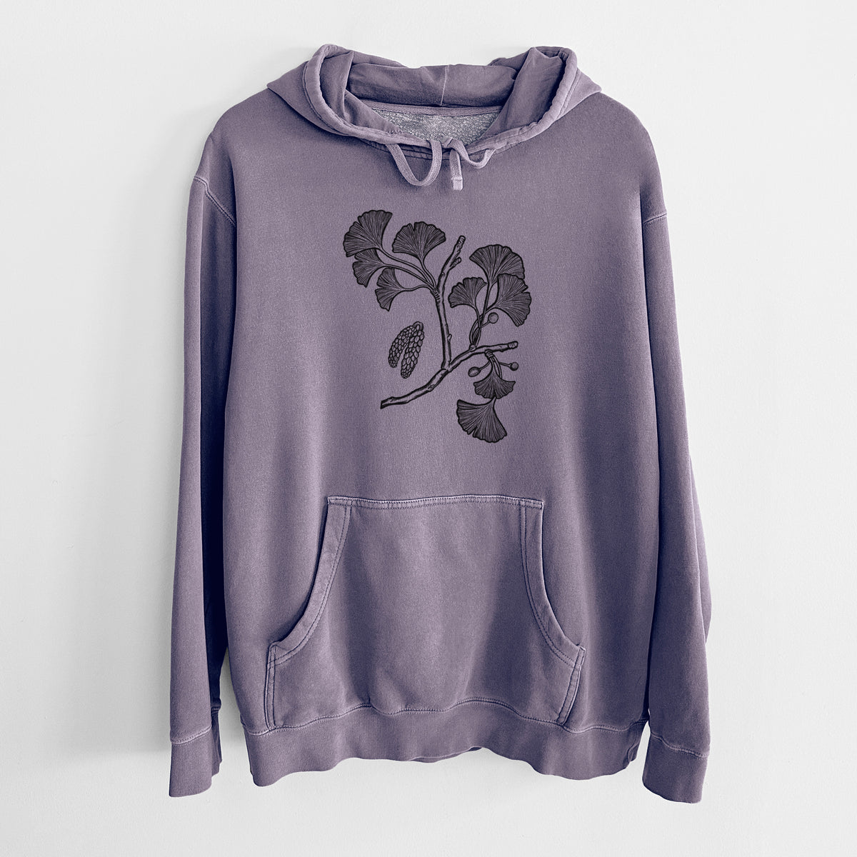 Plum purple pigment dyed hoodie laid flat, printed with a black ink illustration of a ginkgo branch with fan-shaped leaves.