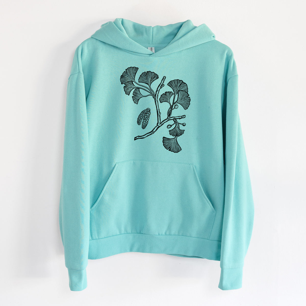Ginkgo Biloba - Ginkgo Tree Stem with Leaves - Statement Midweight Hoodie in Seafoam, hanging on a white wall, with a front kangaroo pocket and no drawcords.