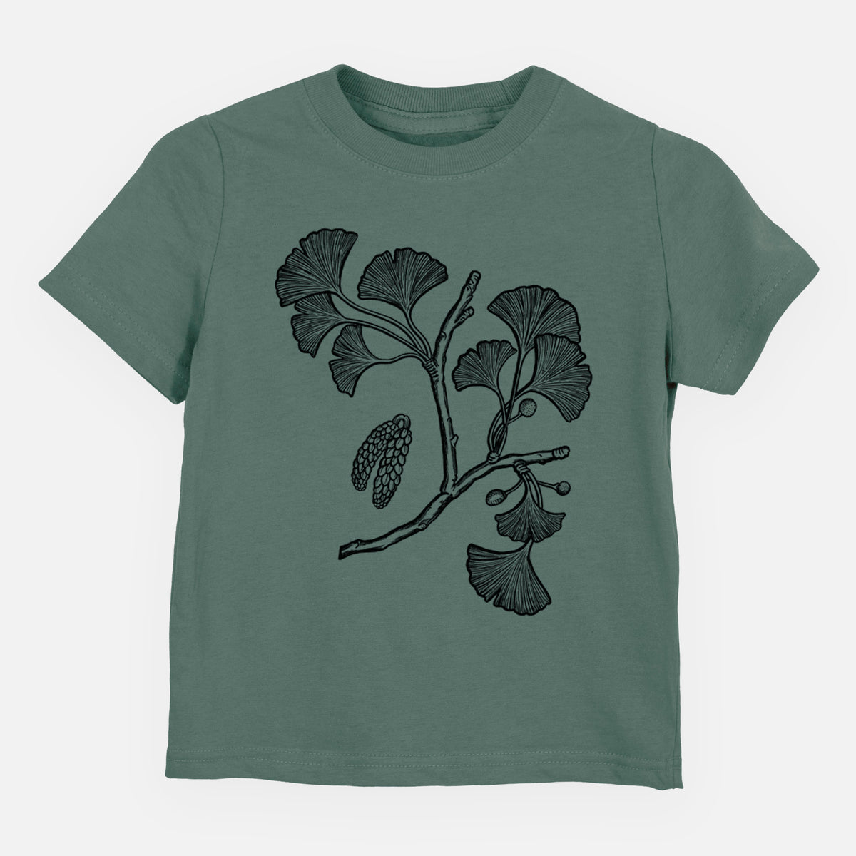 Basil green toddler t-shirt laid flat, printed with a black ink illustration of a ginkgo branch with fan-shaped leaves.
