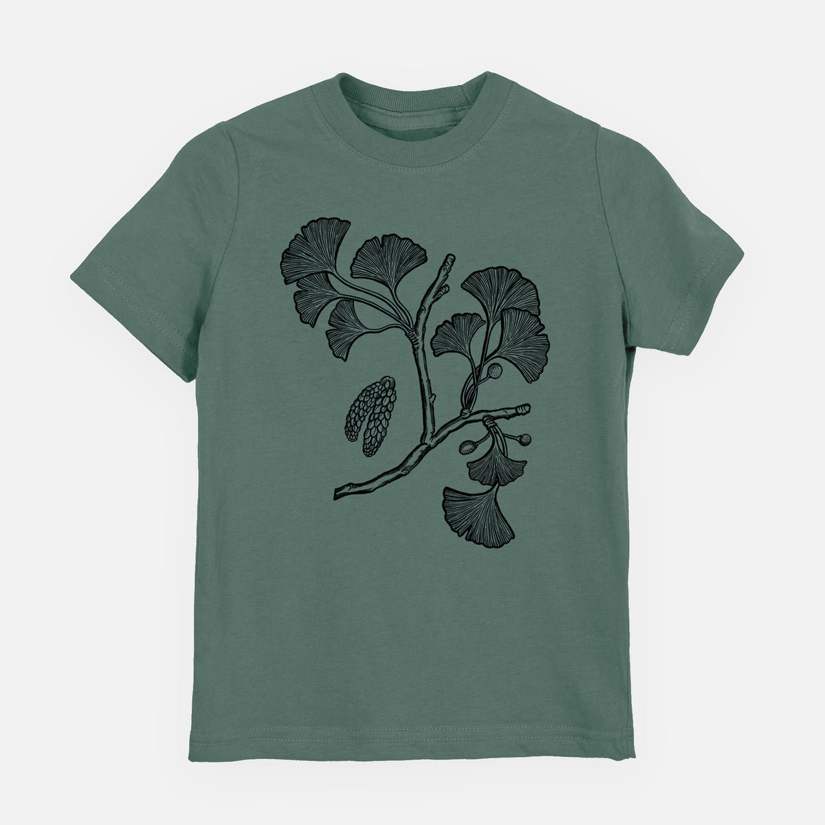 Basil green youth t-shirt laid flat, printed with a black ink illustration of a ginkgo branch with fan-shaped leaves.