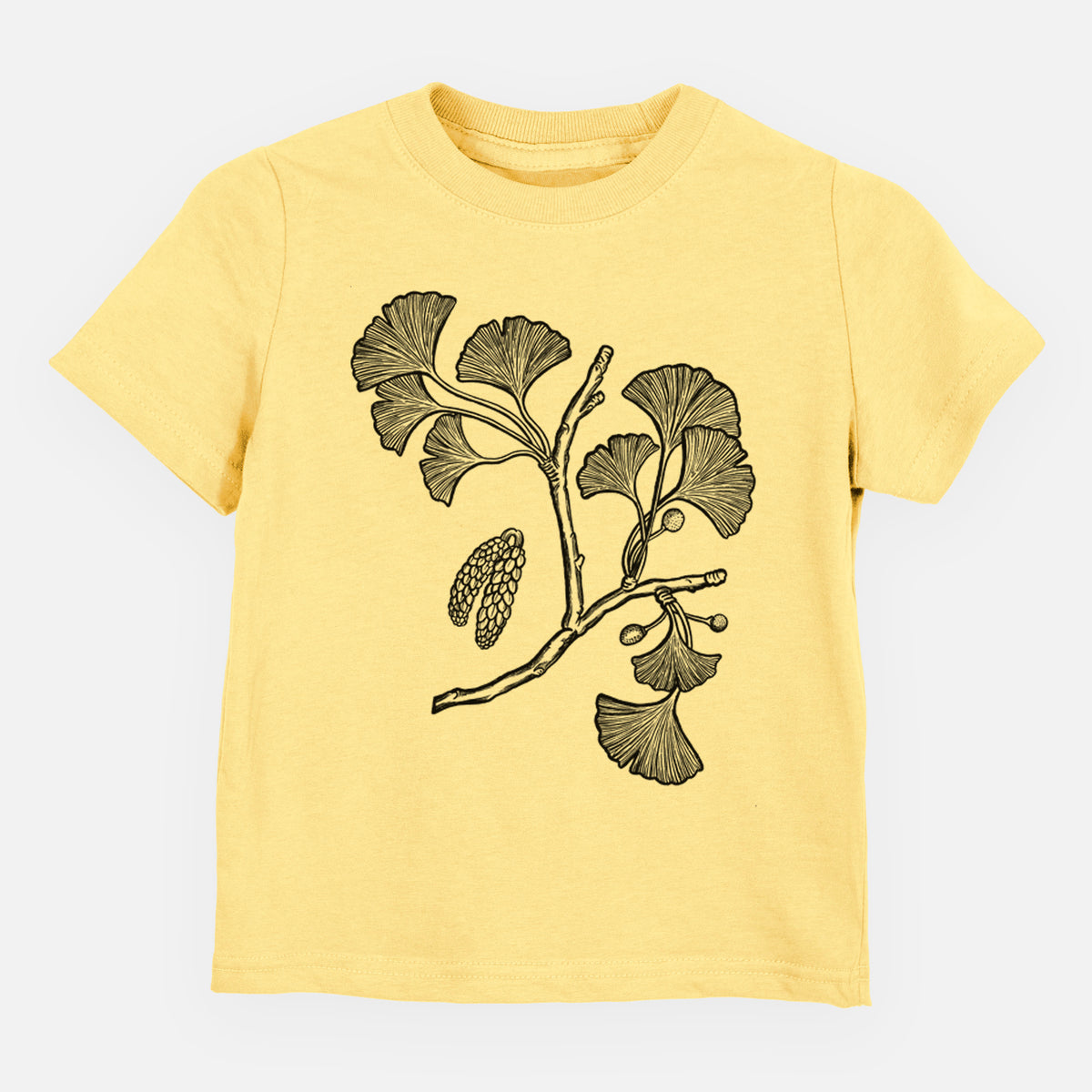 Butter yellow toddler t-shirt laid flat, printed with a black ink illustration of a ginkgo branch with fan-shaped leaves.