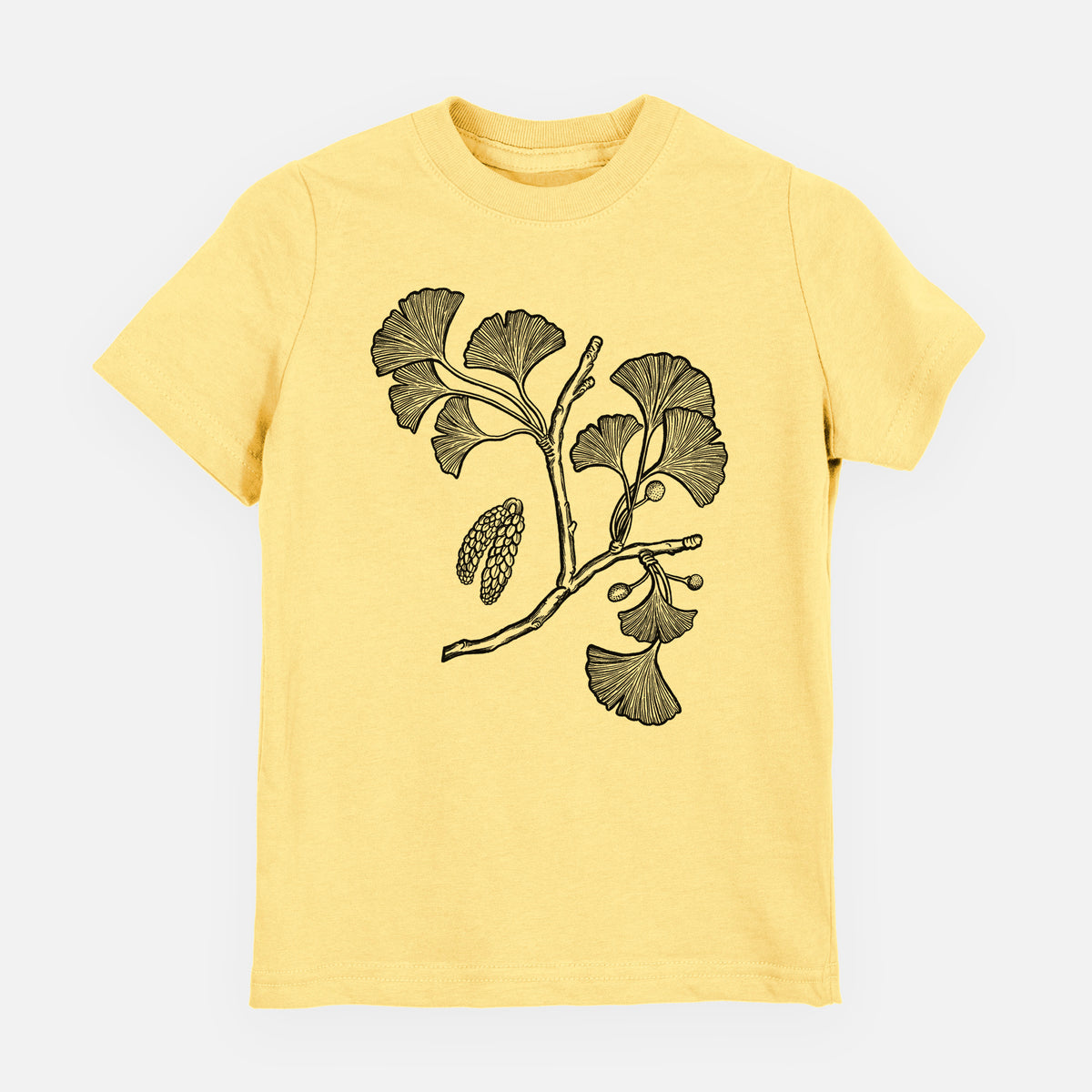 Butter yellow youth t-shirt laid flat, printed with a black ink illustration of a ginkgo branch with fan-shaped leaves.