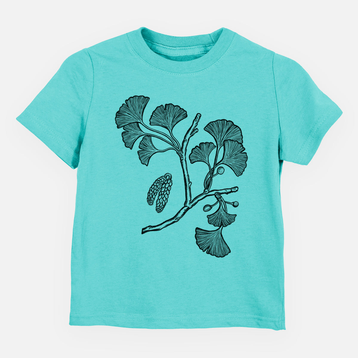 Caribbean blue toddler t-shirt laid flat, printed with a black ink illustration of a ginkgo branch with fan-shaped leaves.