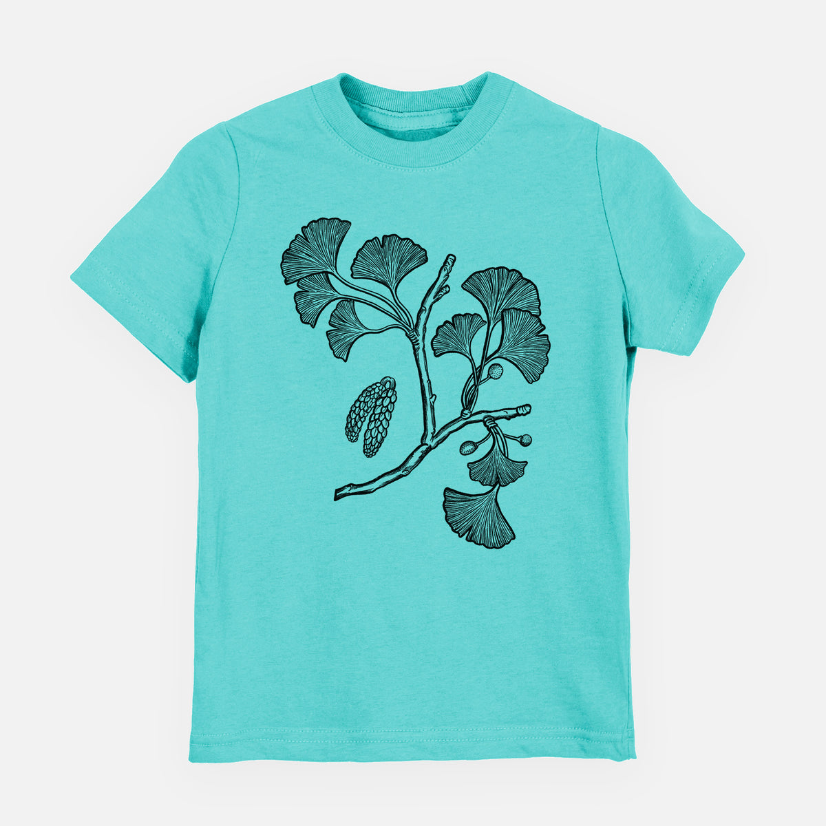 Caribbean blue youth t-shirt laid flat, printed with a black ink illustration of a ginkgo branch with fan-shaped leaves.