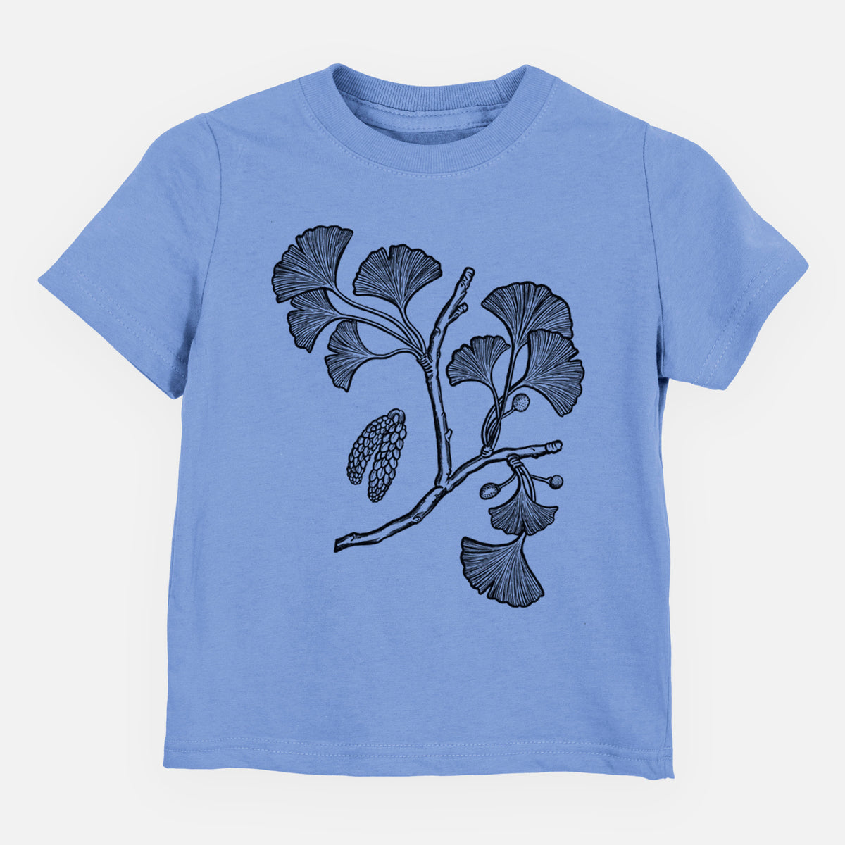 Carolina blue toddler t-shirt laid flat, printed with a black ink illustration of a ginkgo branch with fan-shaped leaves.