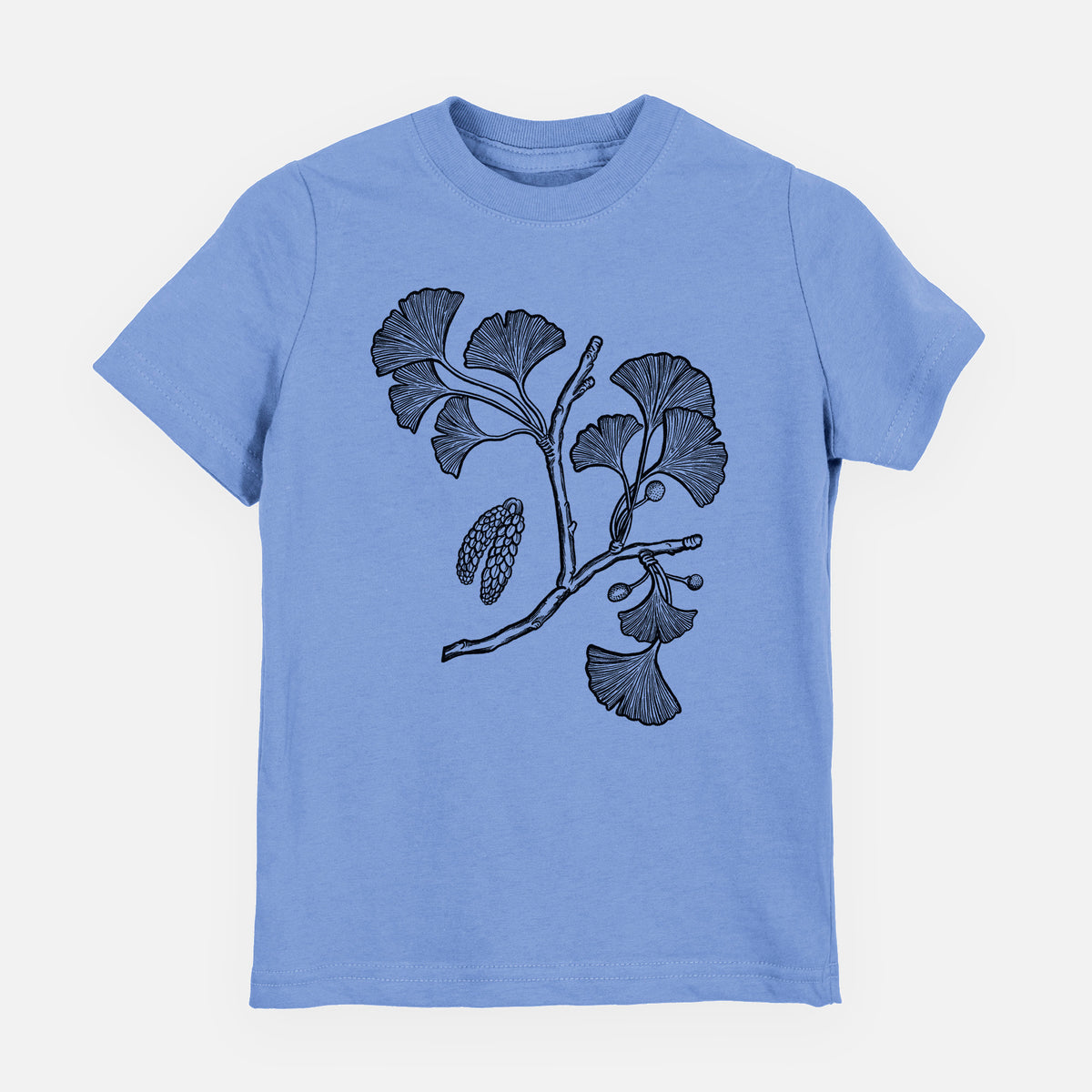 Carolina blue youth t-shirt laid flat, printed with a black ink illustration of a ginkgo branch with fan-shaped leaves.