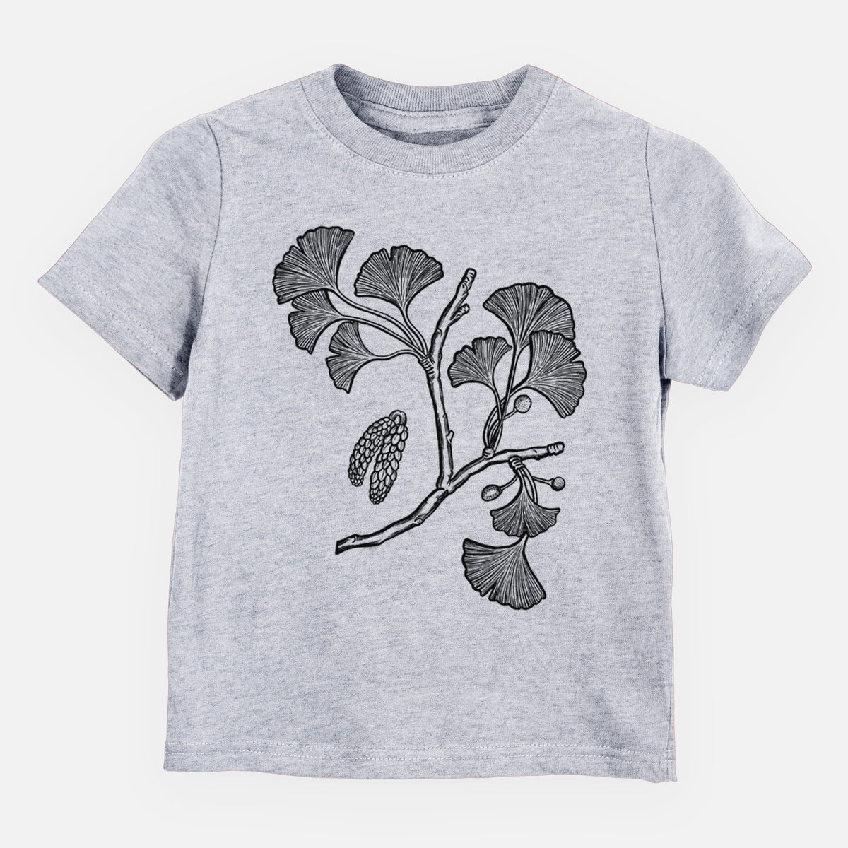 Heather grey toddler t-shirt laid flat, printed with a black ink illustration of a ginkgo branch with fan-shaped leaves.