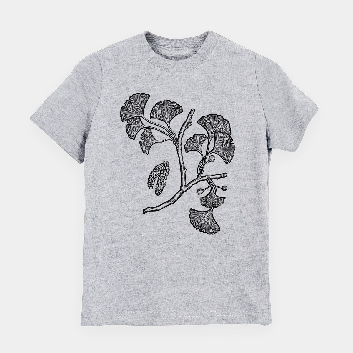 Heather grey youth t-shirt laid flat, printed with a black ink illustration of a ginkgo branch with fan-shaped leaves.