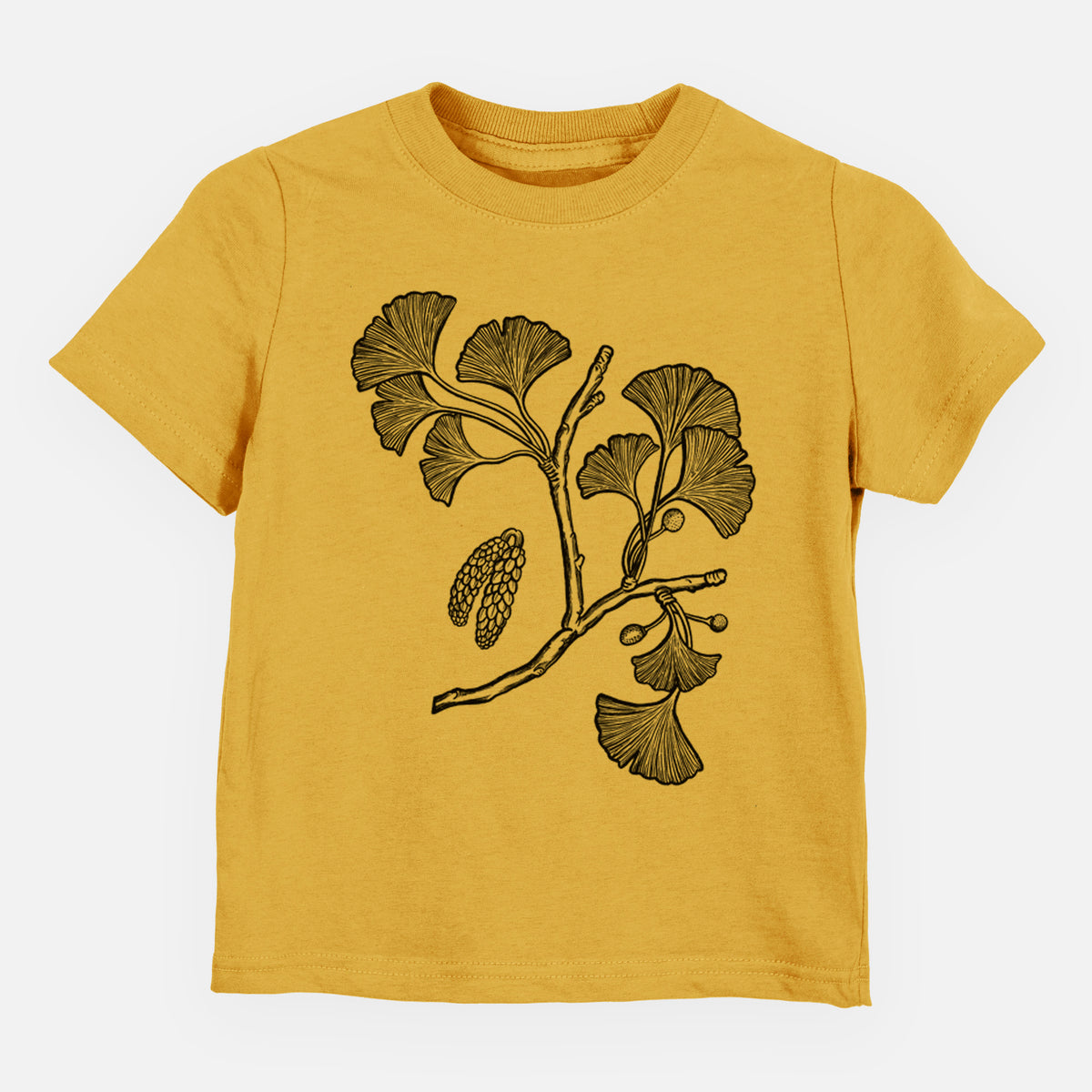 Honeycomb yellow toddler t-shirt laid flat, printed with a black ink illustration of a ginkgo branch with fan-shaped leaves.
