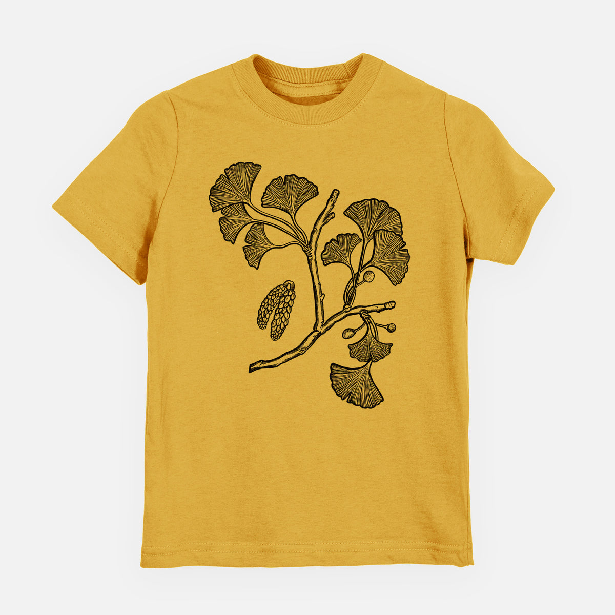 Honeycomb yellow youth t-shirt laid flat, printed with a black ink illustration of a ginkgo branch with fan-shaped leaves.