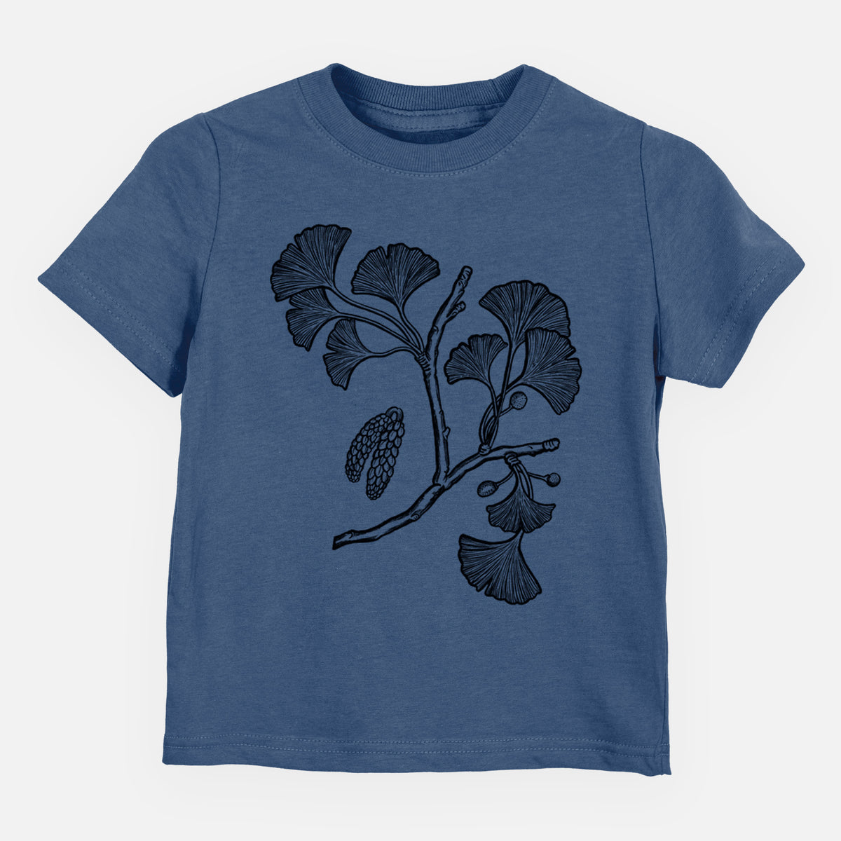 Indigo blue toddler t-shirt laid flat, printed with a black ink illustration of a ginkgo branch with fan-shaped leaves.