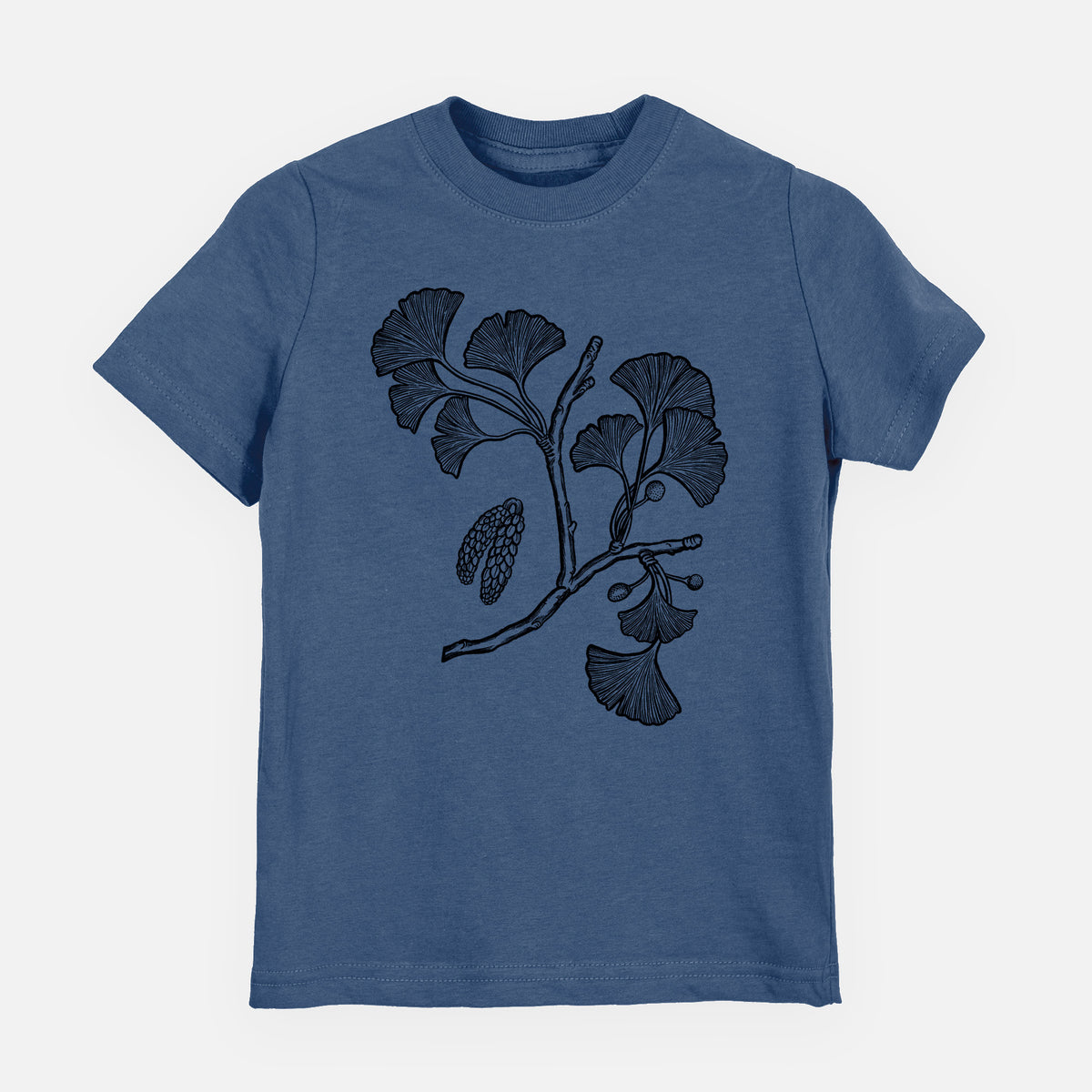 Indigo blue youth t-shirt laid flat, printed with a black ink illustration of a ginkgo branch with fan-shaped leaves.