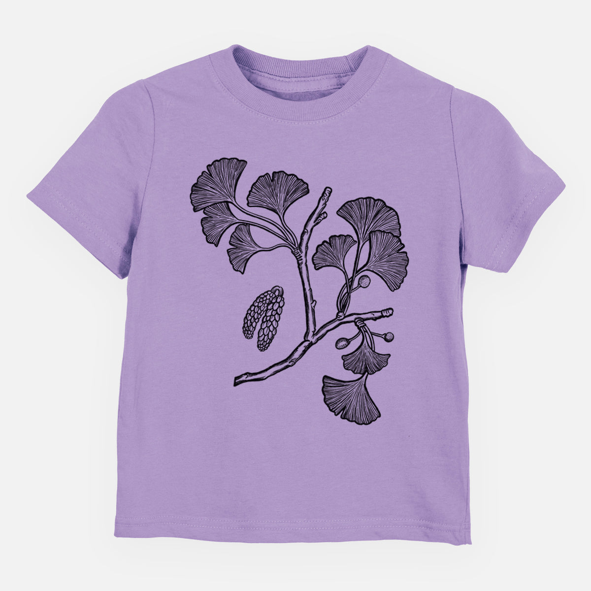 Lavender toddler t-shirt laid flat, printed with a black ink illustration of a ginkgo branch with fan-shaped leaves.